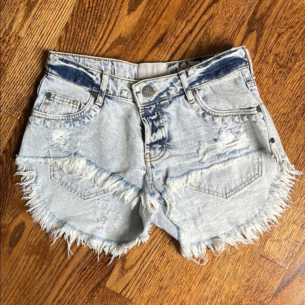 Blue Distressed Jean Shorts with Frayed Hem